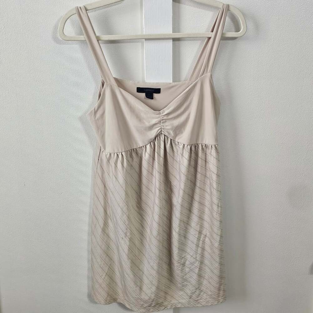 Express Women’s S Beige Metallic Stripe Ruched Bust Y2K Babydoll Tank Top